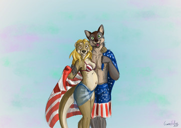5_fingers american_flag american_flag_bikini anthro bikini blonde_hair bottomwear breasts brown_body brown_eyes brown_fur cleavage clothed clothing countershading duo female fingers flag flag_bikini flag_clothing flag_swimwear fur green_eyes hair hand_on_arm hand_on_shoulder long_hair looking_at_viewer male navel open_mouth open_smile pecs pregnant shorts simple_background small_breasts smile smiling_at_viewer swimwear tan_body tan_countershading tan_fur teeth tongue two-piece_swimsuit united_states_of_america white_body white_countershading gfoxlore dan_(gfoxlore) levitica canid canine canis mammal mustelid otter wolf 2025 digital_media_(artwork) hi_res signature