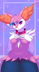 5_fingers anthro breasts collar collar_only covering covering_breasts female fingers fur genitals inner_ear_fluff looking_at_viewer makeup nude pink_body pink_fur pussy simple_background smile solo spiked_collar spikes thick_thighs tuft wide_hips jose-497 nintendo pokemon braixen canid canine generation_6_pokemon mammal pokemon_(species) 2023 absurd_res digital_drawing_(artwork) digital_media_(artwork) hi_res signature