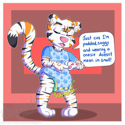 ageplay anthro blue_clothing bodily_fluids clothed clothing dialogue diaper diaper_fetish diaper_under_clothing diaper_under_onesie eyes_closed genital_fluids infantilism male onesie roleplay solo standing text unclean_diaper urine used_diaper wearing_diaper wet_diaper shadyadi felid mammal pantherine tiger 1:1 english_text hi_res