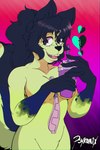 anthro biped black_eyes black_hair black_nose breasts container cosplay cup dipstick_limbs disposable_cup drinking_straw featureless_breasts female green_body hair heart_nose heart_symbol open_mouth open_smile point_coloration ponytail pupils purple_beverage red_pupils seam_(sewing) shaded_background skunk_tail slurpee smile solo stitch_(sewing) text wide_hips zipper zipper_pull_tab psykonix invader_zim nickelodeon gir_(invader_zim) girda_skunk mammal mephitid skunk absurd_res artist_name half-length_portrait hi_res portrait signature
