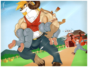 abs angry anthro arm_tattoo armpit_hair barn beard big_bulge big_butt big_muscles blonde_beard blonde_facial_hair blonde_hair blue_eyes body_hair border bottomwear bulge butt carrying_another carrying_multiple_partners chest_hair chest_tuft clothing exclamation_point facial_hair farm farmer feet fence fur grawlixes green_eyes group hair hay hay_bale hooves kidnapping male male/male muscular muscular_anthro muscular_male nipples orange_body orange_fur outside overalls overalls_only pants pitchfork pubes red_eyes shirt size_difference smile tan_body tan_fur tank_top tattoo tools topwear torn_bottomwear torn_clothing torn_pants torn_tank_top trio tuft white_body white_border white_fur aaron_(artist) rammy_aaron bighorn_sheep bovid canid canine caprine fox lagomorph leporid mammal rabbit sheep 2025 dated digital_media_(artwork) hi_res watermark