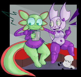 4_fingers ambiguous_gender anthro arm_around_shoulders bar_emanata barefoot belly big_belly big_eyes bodily_fluids breasts casual_nudity clothed clothing emanata external_gills eyelashes featureless_breasts featureless_crotch feet female fingers flash_emanata gills green_body green_eyes green_tongue grey_body grey_nose happy holding_tablet long_arm medium_breasts mouth_closed multicolored_body nervous non-mammal_breasts nude open_mouth open_smile plushie purple_body purple_clothing purple_sweater purple_topwear sitting slightly_chubby slightly_chubby_anthro slightly_chubby_female smile spread_legs spreading sweat sweatdrop sweater tail thick_thighs toes tongue topwear two_tone_body wide_hips lizardfungus cc-by-nc-nd creative_commons amphibian aquatic axolotl mole_salamander robot_anthro salamander 2025 aliasing binary_drawing cel_shading digital_drawing_(artwork) digital_media_(artwork) hi_res shaded