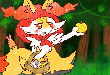 ambiguous_anthro ambiguous_gender anthro arm_out basket biped blush container detailed_background dipstick_tail food forest_background front_view fruit grass holding_basket holding_container holding_food holding_fruit holding_object holding_pear markings money object_in_tail open_mouth open_smile outside pear perspective-incorrect_texturing plant shrimp_(food) smile snout solo standing tail tail_markings three-quarter_view tree annyui0611 fairy_tales little_red_riding_hood_(copyright) nintendo pokemon braixen canid generation_6_pokemon mammal pokemon_(species) 2022 digital_drawing_(artwork) digital_media_(artwork) half-length_portrait hi_res japanese_description portrait translated_description