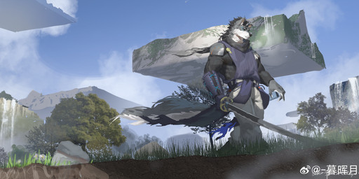 anthro black_clothing black_hair black_nose black_topwear blue_eyes blue_sky bottomwear cape cheek_tuft clothed clothing cloud day facial_tuft fur grass grey_body grey_fur hair holding_katana holding_melee_weapon holding_object holding_sword holding_weapon inner_ear_fluff katana male male_anthro melee_weapon mouth_closed neck_tuft outside pants plant sky solo standing sword topwear tree tuft waterfall weapon white_body white_bottomwear white_clothing white_fur white_inner_ear_fluff white_pants awaldkize canid canine mammal absurd_res hi_res