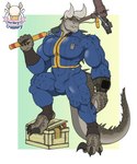 anthro big_pecs bulge clothing detailed_bulge horn male muscular muscular_male pecs pip-boy solo standing tail tight_clothing vault_suit weapon 1ceberg fallout microsoft deathclaw scalie absurd_res hi_res