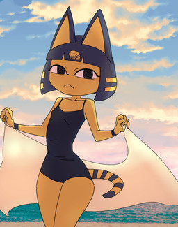anthro beach big_ears blue_hair breasts clothing female hair one-piece_swimsuit sky small_breasts solo swimwear hogushitasaba animal_crossing nintendo ankha_(animal_crossing) domestic_cat felid feline felis mammal hi_res tagme