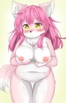 anthro areola barely_visible_genitalia barely_visible_pussy blush breasts cheek_tuft chest_tuft facial_tuft female fur genitals hair holding_breast inner_ear_fluff kemono long_hair multicolored_body multicolored_fur navel nipples nude pink_body pink_fur pussy solo standing tuft two_tone_body two_tone_fur white_body white_fur yellow_eyes eigetsu canid canine mammal 2018 portrait three-quarter_portrait