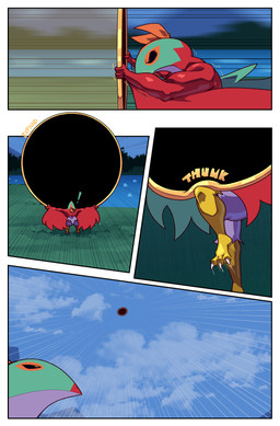 3_toes anthro biped claws exclamation_point feet fight forest forest_background green_head hitting_with_knee holding_portal lake looking_up nature nature_background plant portal red_body sky skyscape solo throwing_object toe_claws toes tree water cuchuflin nintendo pokemon rey_(cuchuflin) generation_6_pokemon hawlucha pokemon_(species) absurd_res comic hi_res