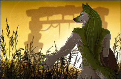 anthro black_border border field gate hair solo sunset silvergrin mythology canid canine canis mammal mythological_canine mythological_creature werecanid werecanine werecreature werewolf wolf hi_res