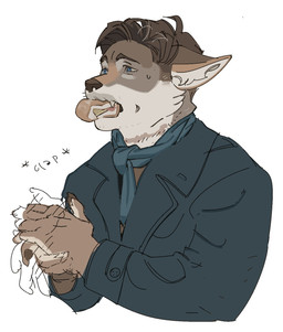 anthro blue_eyes bodily_fluids brown_hair clapping clothing coat fangs food_in_mouth fur grey_body grey_fur hair male motion_lines motion_outline onomatopoeia pointy_ears scarf short_hair simple_background snout solo sound_effects sweat sweatdrop teeth text topwear white_body white_fur ddcrushh aldo_raine canid canine mammal digital_drawing_(artwork) digital_media_(artwork) half-length_portrait hi_res portrait