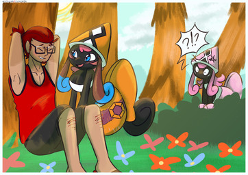 being_watched black_body blue_eyes cross-popping_vein eyewear glasses group hair interrobang looking_at_another orange_shell palm_tree pink_hair pink_shell plant shell tree trio screamoshaymin nintendo pokemon auria_jansson blake_rothenberg generation_7_pokemon human legendary_pokemon mammal pokemon_(species) tapu_lele hi_res signature