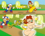 ball baseball_(ball) breasts chargin'_chuck charging_up clothed clothed/nude clothed_male clothing decendingskulls duo female hitting human koopa male male/female mammal mario_bros nintendo nude princess_daisy scalie supergon55 vanishing_clothes