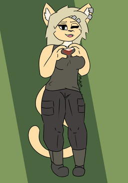 anthro big_breasts bottomwear breasts clothing ear_piercing female footwear gesture hair heart_symbol inner_ear_fluff long_hair looking_at_viewer one_eye_closed pants piercing shirt shoes simple_background solo tail thick_thighs topwear tuft wink winking_at_viewer myksa bridge_(the_man) domestic_cat felid feline felis mammal hi_res