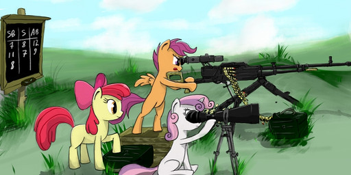 binoculars board feathered_wings feathers female feral grass group gun hair horn kord_12.7mm machine_gun orange_body orange_feathers outside plant quadruped ranged_weapon red_hair tail weapon wings young young_feral madhotaru friendship_is_magic hasbro my_little_pony mythology apple_bloom_(mlp) cutie_mark_crusaders_(mlp) scootaloo_(mlp) sweetie_belle_(mlp) earth_pony equid equine horse mammal mythological_creature mythological_equine pegasus pony unicorn 2012