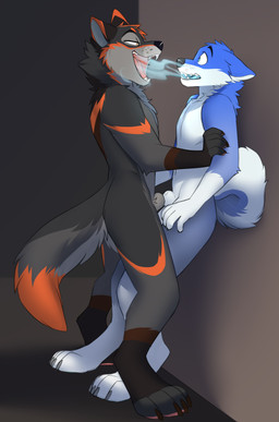 animal_genitalia anthro black_body black_fur black_nose blue_body blue_eyes blue_fur blue_tongue duo fading_colors forced fully_sheathed fur genitals grey_body grey_fur male male/male nails orange_body orange_eyes orange_fur paws pink_tongue pinned pinned_arms pinned_to_wall sheath shocked smile smirk soul soul_vore surprised tail tongue vore white_body white_fur jailbird deaton stihl canid canine canis hybrid mammal wolf wolfdog absurd_res hi_res