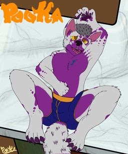 anthro biped blue_clothing blue_underwear boxers_(clothing) boxers_only bulge clothed clothing counter detailed_bulge grey_body grey_hair hair highlights_(coloring) kitchen logo lying male male_anthro marble on_back purple_highlights solo text topless underwear underwear_only white_clothing wood yellow_eyes pookashifts pooka_(pookashifts) canid canine canis domestic_dog mammal 5:6 absurd_res hi_res signature
