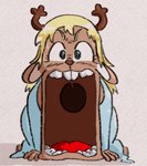 anthro berlubbits big_mouth_(anatomy) bodily_fluids clothed clothing colored dbz_episode_121 deer deltarune dragon_ball dress female hi_res humor jaw_drop krillin mammal new_world_deer noelle_holiday open_mouth reindeer simple_background solo surprise sweat sweatdrop teeth tongue undertale_(series) white_background yabba_dabba_doo