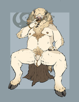 anthro arm_tuft ball_tuft beard chest_tuft cigar cloven_hooves facial_hair facial_piercing flaccid foreskin front_view genital_piercing genitals hair hair_over_eyes hooves horn humanoid_genitalia humanoid_penis male male_anthro nipple_piercing nipple_ring nipples nose_piercing nose_ring nude nude_anthro nude_male overweight overweight_anthro overweight_male penis penis_piercing piercing prince_albert_piercing pubes ring ring_piercing simple_background sitting smoking smoking_cigar solo spread_legs spreading tail tree_stump tuft unretracted_foreskin wristband labradorszn bison bovid bovine mammal 2022 hi_res
