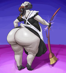 angry anthro balls balls_outline big_balls big_bulge big_butt big_penis biped black_body breaking broom brown_horn bulge bulge_from_behind butt cellulite cleaning_tool clothed clothing curled_horn detailed_bulge ear_piercing ear_ring fangs fur genital_outline genitals hoop_ear_ring hooves horizontal_pupils horn huge_balls huge_bulge huge_butt looking_at_viewer looking_back maid_uniform male motion_lines no_underwear nude obese overweight penis penis_outline piercing pupils rear_view red_eyes red_sclera ring_piercing scut_tail short_tail solo standing tail teeth thick_thighs tuft unguligrade uniform white_body white_fur wool_(fur) hotcoffeeguy1 gruff_(gruffad) bovid caprine mammal sheep absurd_res digital_drawing_(artwork) digital_media_(artwork) hi_res