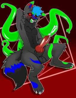 animal_genitalia animal_penis anthro balls blush canine_genitalia canine_penis dominant dominant_male floating genitals holding_penis knot knotted_penis male open_mouth open_smile penis sheath smile solo tentacles frazy canid canine mammal hi_res