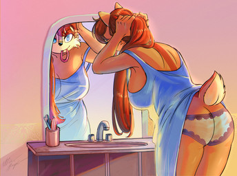accessory anthro big_breasts big_butt blue_eyes breasts brown_body brush butt clothing eyebrow_through_hair eyebrows female hair hair_accessory hairband leaning leaning_forward long_hair mirror mirror_reflection multicolored_body nightgown panties red_hair reflection sink solo solo_focus tail tail_tuft thick_thighs toothbrush translucent translucent_clothing translucent_hair tuft two_tone_body underwear vanity_mirror azul35art archie_comics sega sonic_the_hedgehog_(archie) sonic_the_hedgehog_(comics) sonic_the_hedgehog_(series) sally_acorn ground_squirrel mammal rodent sciurid 2025 digital_drawing_(artwork) digital_media_(artwork) hi_res signature tagme