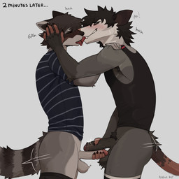 anthro bros_being_bros clothed clothing duo foreskin frottage genitals kissing male male/male penile penis penises_touching pubes sex plaguerat american_opossum mammal marsupial procyonid raccoon 1:1 absurd_res hi_res
