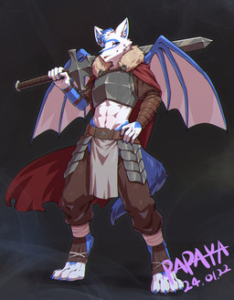 anthro armor blue_eyes blue_hair blue_markings bottomwear brown_bottomwear brown_clothing brown_pants brown_topwear chaps cheek_tuft clothed clothing digitigrade facial_tuft front_view fur grey_bottomwear grey_clothing grey_loincloth hair holding_melee_weapon holding_object holding_sword holding_weapon inner_ear_fluff loincloth looking_at_viewer male markings melee_weapon membrane_(anatomy) membranous_wings multicolored_hair narrowed_eyes open_mouth pants solo standing sword sword_on_shoulder topwear tuft two_tone_hair weapon weapon_on_shoulder white_body white_fur white_hair white_inner_ear_fluff white_wings wings papayafurry canid mammal full-length_portrait hi_res portrait