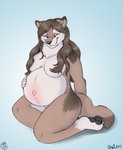 anthro areola belly big_belly big_breasts black_nose black_pawpads breasts brown_hair censored_nipples convenient_censorship female fur grey_body grey_fur hair hair_covering_breasts hand_on_belly kneeling long_hair looking_down navel nude outie_navel pawpads pregnant pregnant_anthro pregnant_female smile solo geckoguy123456789 spottedchai jennifer_(geckoguy123456789) canid canine canis mammal wolf 2017 censored digital_media_(artwork) hi_res