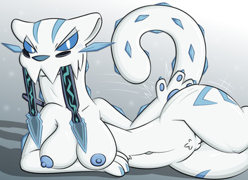 anthro areola blue_areola blue_markings blue_nipples blue_nose blue_sclera blush breasts female fur fur_markings genitals huge_hips ice looking_at_viewer markings melee_weapon navel nipples nude nude_anthro nude_female pokemorph small_waist solo sword tail vulva weapon white_body white_ears white_eyes white_fur white_tail wide_hips zinzoa nintendo pokemon chien-pao generation_9_pokemon legendary_pokemon pokemon_(species) absurd_res alternate_version_at_source hi_res