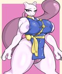 anthro areola areola_slip big_breasts big_tail blush breasts clothed clothing eyelashes featureless_crotch female half-closed_eyes holowear_(pokemon) huge_breasts looking_at_viewer martial_arts_uniform narrowed_eyes navel_outline nipple_outline nipple_slip nipples pelvic_curtain pink_background purple_areola purple_body purple_eyes purple_nipples sash shy side_boob simple_background solo sportswear tail thick_thighs wide_hips killer._ez nintendo pokemon pokemon_unite martial_arts_style_mewtwo generation_1_pokemon legendary_pokemon mewtwo pokemon_(species) absurd_res hi_res portrait three-quarter_portrait