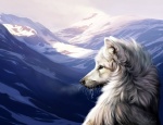 ailah ambiguous_gender black_nose canid canine canis cool_colors detailed_background fur inner_ear_fluff light lighting mammal mountain outside signature snow solo sunlight tuft werewolf_calendar whiskers white_body white_fur wolf yellow_eyes