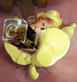 alcohol alcohol_bottle alcohol_enema anal anal_penetration anthro beverage beverage_bottle bottle container duo enema female genitals male male/female penetration tail vulva yellow_body mdthetest animal_crossing nintendo isabelle_(animal_crossing) tom_nook_(animal_crossing) canid canine canis domestic_dog mammal hi_res