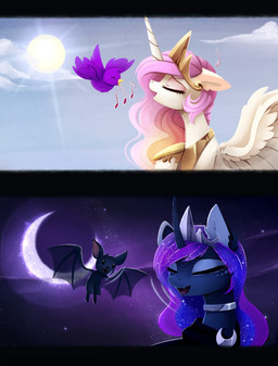 ambiguous_gender black_bars cosmic_hair day ethereal_hair eyelashes eyes_closed feathered_wings feathers female feral group hair horn moon night outside pink_hair pseudo_hair sky smile star starry_sky sun wings magnaluna friendship_is_magic hasbro my_little_pony mythology princess_celestia_(mlp) princess_luna_(mlp) avian bat bird equid equine mammal mythological_creature mythological_equine winged_unicorn hi_res