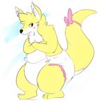 anthro blue_background blush bow_accessory bow_ribbon clean_diaper clothed clothing crossed_arms diaper diaper_only frown fur grumpy head_tuft male simple_background solo standing topless tuft wearing_diaper white_background white_body white_fur yellow_body yellow_fur fang29 fang29_(character) canid canine canis domestic_dog hybrid kangaroo macropod mammal marsupial 2014 hi_res