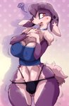 anthro blush butt butt_from_the_front camel_toe choker countershading female fur jewelry markings navel necklace nipple_outline open_mouth purple_body purple_fur red_eyes simple_background solo star_(marking) surprise white_body white_countershading wide_hips melonleaf lagomorph leporid mammal rabbit 2019 hi_res