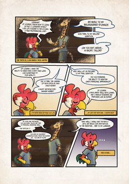 anthro beak dialogue duo fantasy fingers male male/male simple_background smile text zaryuzu_73 dungeons_and_dragons hasbro wizards_of_the_coast dabari_(zaryuzu_73) fern_(zaryuzu_73) avian bird chicken galliform giraffe giraffid mammal phasianid comic digital_media_(artwork) english_text hi_res