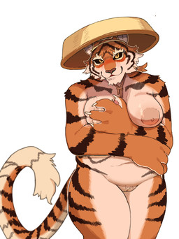 anthro belly big_breasts black_sclera black_stripes breasts clothing female front_view fur genitals hat hat_only headgear headgear_only headwear headwear_only looking_at_viewer mostly_nude one_breast_out orange_body orange_fur overweight overweight_anthro overweight_female solo striped_body striped_fur stripes thick_thighs vulva yellow_eyes pinkejack felid mammal pantherine tiger absurd_res hi_res