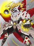 angry anthro clothing fingerless_gloves fist fur gloves green_eyes hair handwear male muscular muscular_anthro muscular_male orange_hair punch solo spikes white_body white_fur digital_itachi7 bandai_namco digimon digimon_(species) rasenmon hi_res