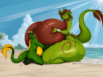 anthro beach belly big_breasts big_butt breasts brown_hair butt cloud duo female fur green_body green_fur green_hair hair holding_breast horn huge_breasts huge_butt huge_thighs hyper hyper_breasts hyper_butt hyper_thighs male male/female markings medium_hair multicolored_body multicolored_fur multicolored_hair pawpads sea sky smothering tail tail_tuft thick_thighs tuft two_tone_body two_tone_fur two_tone_hair water yellow_body yellow_eyes yellow_fur sushka345 mythology gdzeek dragon furred_dragon furred_scalie mythological_creature mythological_scalie scalie hi_res