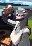 anthro beverage beverage_can biped blush breasts camera_view earless female female_anthro fin gills grey_body grey_skin head_fin holding_beverage holding_object looking_at_viewer open_mouth open_smile outside selfie shark_teeth sharp_teeth smile solo teeth el-k brea_(el-k) fish marine shark 2024 absurd_res digital_media_(artwork) hi_res