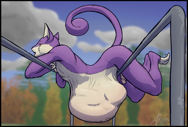 3_toes abdominal_bulge anthro anthro_pred anthro_prey anthrofied barely_visible_genitalia barely_visible_penis belly belly_blush big_belly black_border blurred_background blush body_blush border buckteeth circumcised cloud curled_tail day detailed_background erection feet fully_inside fur genitals half-closed_eyes hanging_belly humanoid_genitalia humanoid_penis larger_pred low-angle_view male male_pred metal_bar narrowed_eyes open_mouth outside penis plant purple_body purple_fur red_eyes size_difference sky solo stretchy_bulge tail tan_body tan_fur teeth toes tree unseen_prey vore whiskers akins nintendo pokemon fan_character rico_akins_(character) generation_1_pokemon mammal murid pokemon_(species) rattata rodent 2025 absurd_res cel_shading dated digital_drawing_(artwork) digital_media_(artwork) hi_res shaded signature smaller_version_at_source
