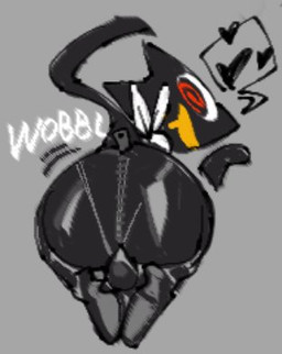 anthro big_butt biped black_body black_fur bodily_fluids bodysuit boots bouncing_butt bulge bulge_from_behind butt clothing drooling footwear fur hands_on_ground heart_symbol high_heeled_boots high_heels kerchief kneeling legwear looking_at_viewer looking_back male male_anthro neckerchief neckwear onomatopoeia raised_tail red_eyes saliva shoes simple_background skinsuit solo sound_effects spiral spiral_eyes spread_legs spreading tail text text_box thigh_boots thigh_highs tight_clothing zipper zipper_jumpsuit bakenek0o atlus megami_tensei persona_(series) persona_5 sega beta_morgana_(persona) low_res