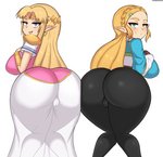 big_breasts big_butt blonde_hair blue_eyes blush breasts butt butt_focus camel_toe clothed clothing duo ear_piercing ear_ring female fully_clothed hair humanoid_pointy_ears long_hair looking_at_viewer looking_back not_furry piercing pointy_ears ring_piercing simple_background square_crossover white_background drunkavocado a_link_to_the_past breath_of_the_wild nintendo the_legend_of_zelda princess_zelda humanoid hylian absurd_res hi_res