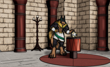 abs anthro big_muscles black_body black_claws black_fur black_hair blonde_hair brown_body brown_fur claws clothing dipstick_tail fur green_eyes hair long_hair long_tail male markings multicolored_body multicolored_fur multicolored_hair muscular muscular_anthro muscular_arms muscular_legs muscular_male orb palmorph pecs solo tail tail_markings temple radarrid3r palworld pocketpair kris_(zombiedwolf) anubis_(pal) pal_(species) absurd_res hi_res