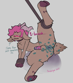 anthro anus backsack balls bdsm big_butt blush bodily_fluids bondage bound butt cum cum_from_kissing digitigrade ejaculation embarrased_horny embarrassed femboy freckled_butt freckles genital_fluids genitals hair hands-free hooves horn kiss_mark kiss_mark_on_balls lipstick lipstick_fetish lipstick_on_anus lipstick_on_balls lipstick_on_body lipstick_on_feet lipstick_on_penis lying makeup male on_side onomatopoeia orgasm_from_kissing penis perineum pink_hair raised_leg restraints rope rope_bondage shy solo sound_effects spread_legs spreading tail tail_tuft text thick_thighs tuft pseudokym bovid caprine goat mammal 2025 digital_media_(artwork) english_text hi_res