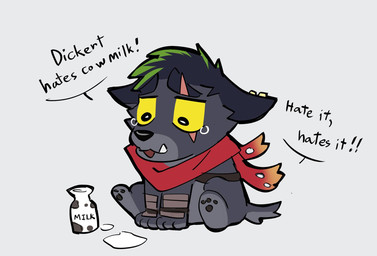 anthro armor black_hair blep bodily_fluids bottle chibi container crying ear_piercing ear_ring ears_down eye_scar facial_scar fur gold_(metal) gold_ear_ring green_highlights grey_body grey_fur hair highlights_(coloring) male milk milk_bottle milk_container pawpads piercing pivoted_ears red_scarf ring_piercing sad scar scarf solo speech_bubble tail tears text tongue tongue_out tusks vambrace yellow_sclera sollyz anothereidos_of_dragon_vein_r dickert_(anothereidos_r) canid canine canis mammal wolf 2025 english_text hi_res