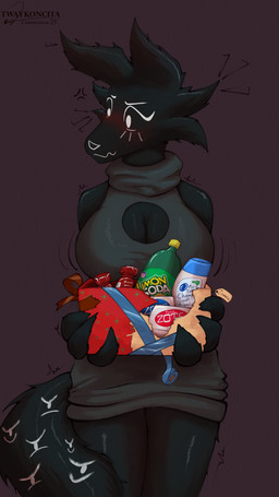 anthro black_body clothing female fur gift hair larger_female nervous nervous_smile size_difference solo spreading tail unusual_anatomy twaykoncita somnia_(lefemdoc) canid canine mammal monster 2025 absurd_res digital_media_(artwork) hi_res