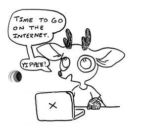 anthro clothing computer electronics happy horn laptop male open_mouth shirt simple_background solo text topwear white_background young young_anthro young_male emeraldotter deer mammal 2024 english_text monochrome