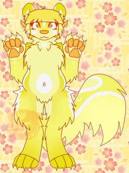 :3 ambiguous_gender anthro big_tail biped blonde_hair claws closed_smile digitigrade ear_piercing eyelashes featureless_crotch food front_view fruit fur hair lemon mouth_closed navel neck_tuft nude orange_eyes orange_nose orange_pawpads pawpads paws piercing plant smile solo standing tail tuft yellow_body yellow_fur skunkbitez mammal mephitid skunk 2026 absurd_res digital_media_(artwork) flat_colors hi_res watermark