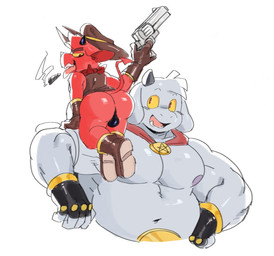 anthro belly biceps biped bulge bulge_from_behind butt cigar clothing cowboy_hat duo gun handgun hat headgear headwear horn leotard male male/male male_anthro musclegut muscular muscular_anthro muscular_male navel pecs pistol ranged_weapon size_difference smoking spade_tail tail weapon neal56001 kings_of_hell enfer_belial gremile_'hotshot' bovid caprine demon goat imp mammal